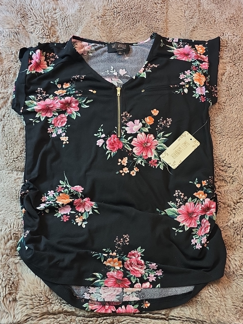 Maternity Black Floral Zip Front Women's Top